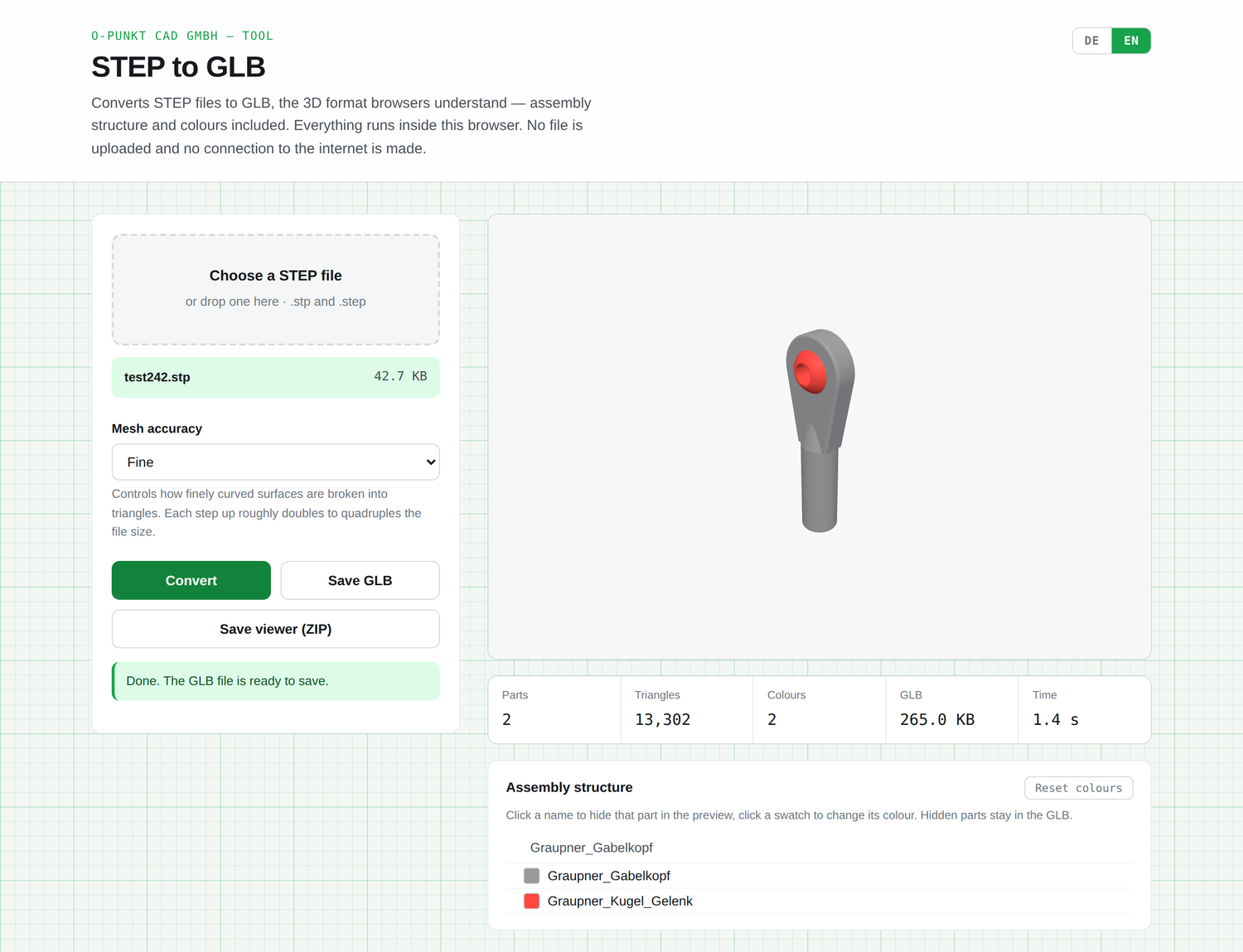 The converter with preview, key figures and the parts list with colour swatches