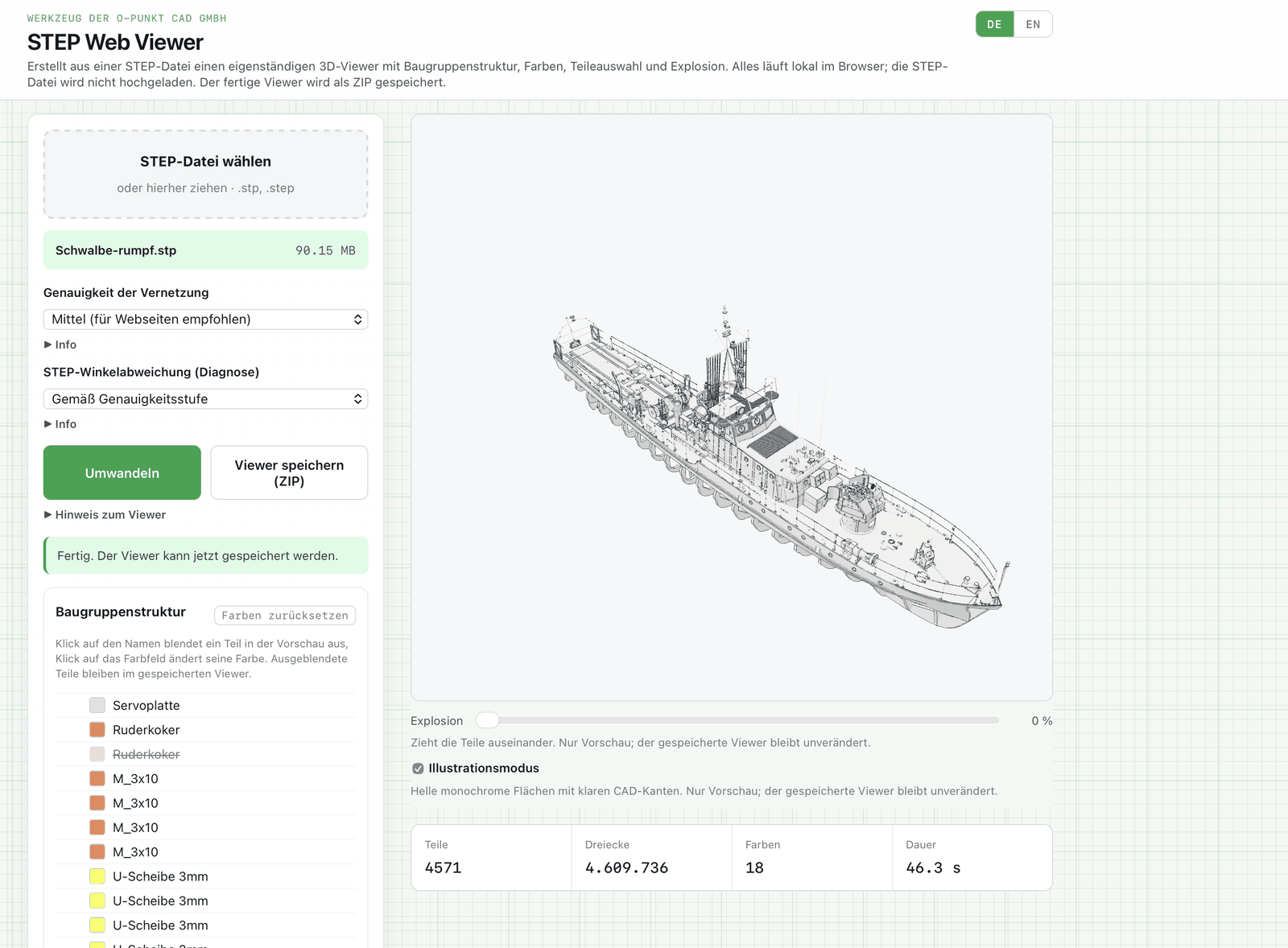 Illustrationsmodus in der Vorschau: einfarbige Flächen mit CAD-Kanten