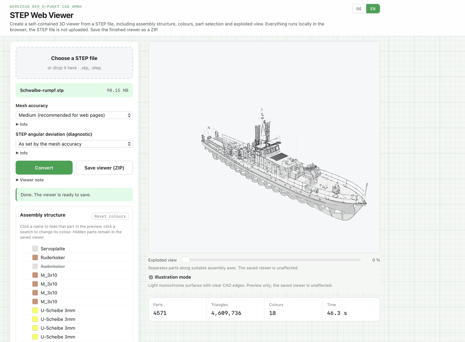 Illustration mode in the preview: monochrome surfaces with CAD edges