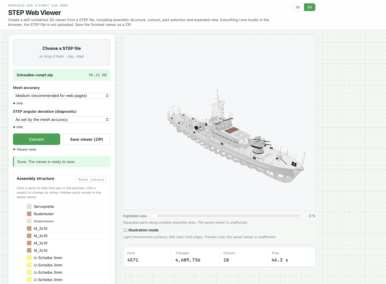 The tool after conversion: preview, assembly structure with colour swatches, key figures