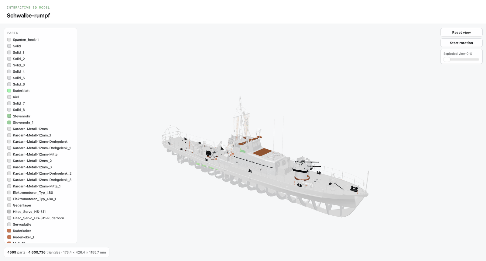 The generated viewer with parts list, exploded view slider and the ship hull