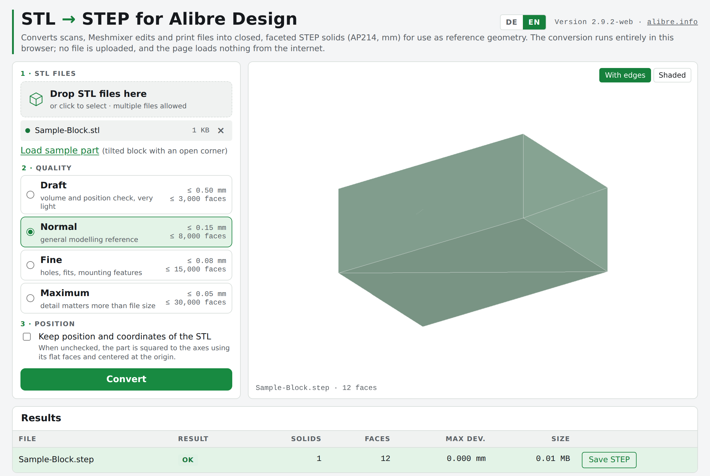 The converter with quality levels, preview and results table